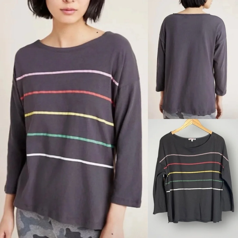 Sundry Striped Pullover Top Size Large 3/4 Sleeve Gray 100% Cotton EUC - Picture 1 of 8